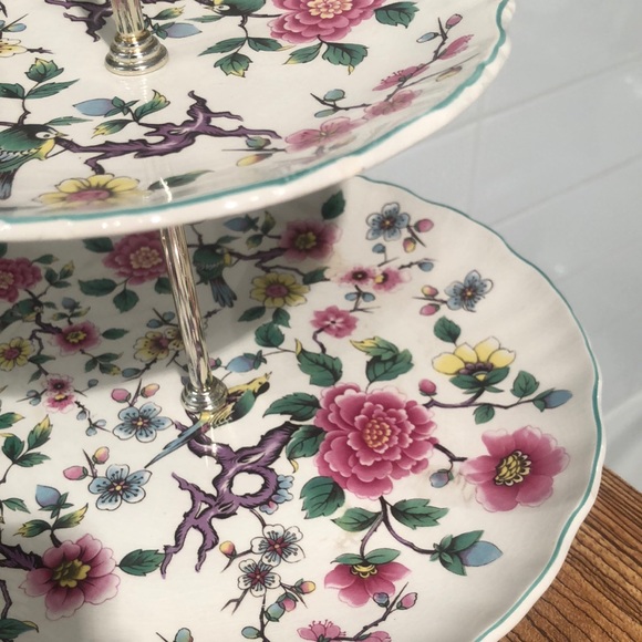 Old Foley 2 tier cake stand Bird and flower pattern/ James Kent - Picture 2 of 10